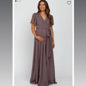 Mauve chiffon short sleeve maternity maxi dress